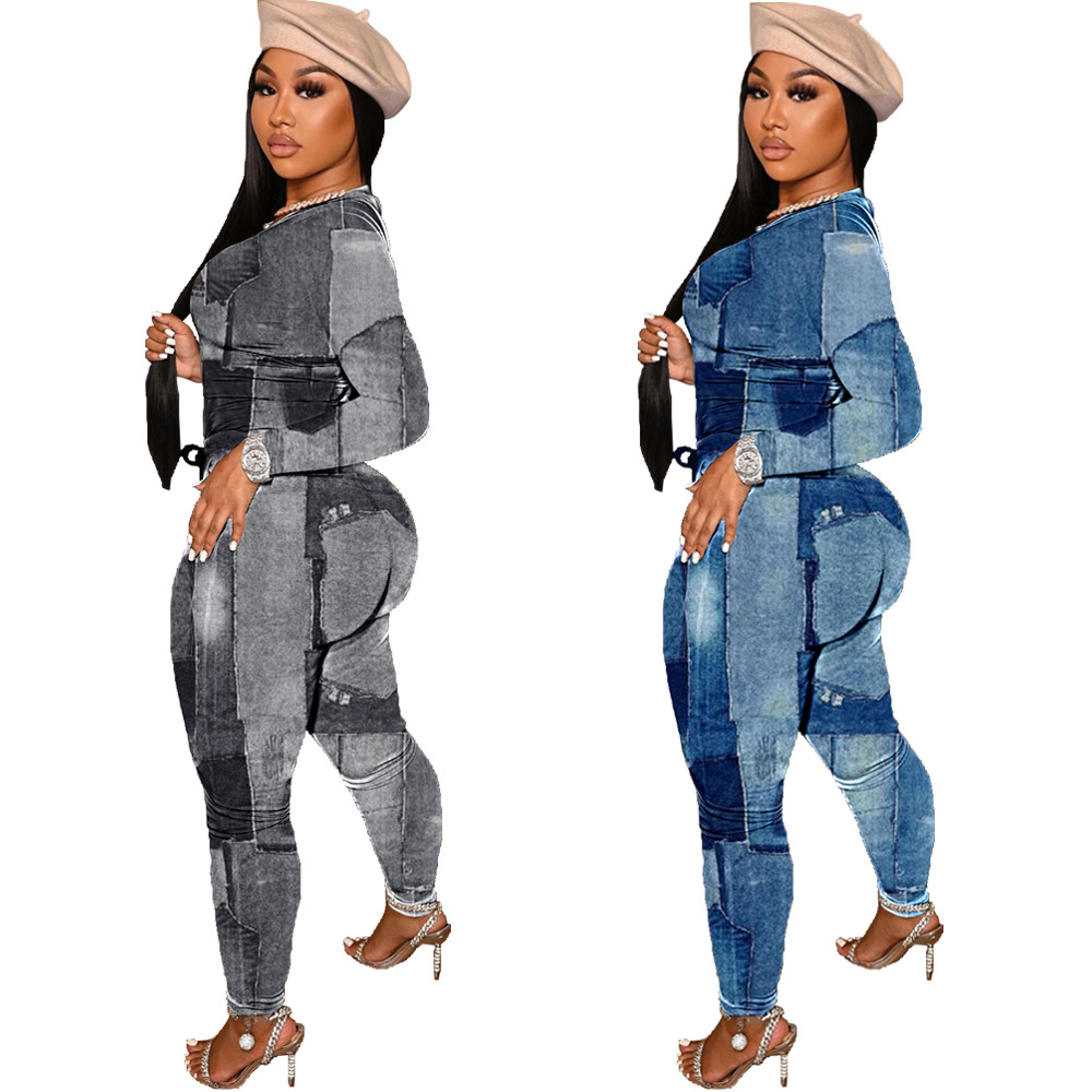 Title 3, Modischer Denim-Print zweiteiliger Damen-Set, p...