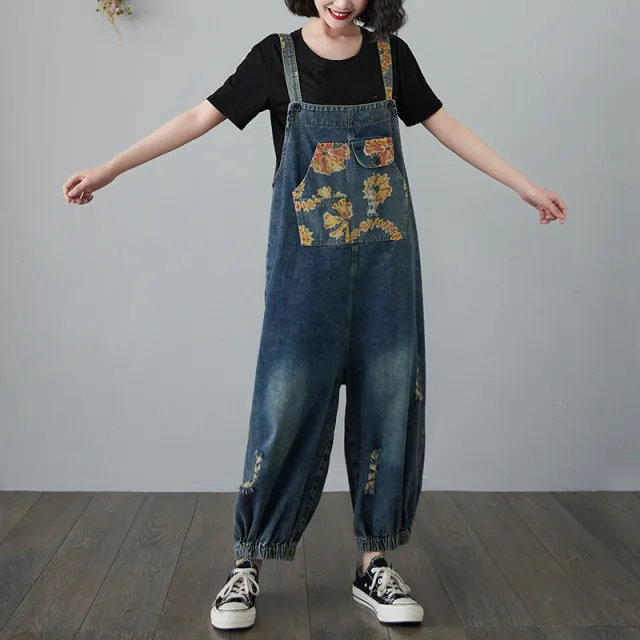 New Literary Style Jean Printed Nine Minute Overalls Women Blue - Shop at LoveMi