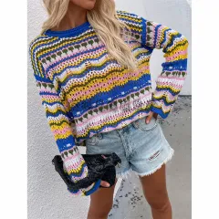 Stitching Sweater Loose Inter-colour Rainbow Round Neck Striped Women - Blue - View 1