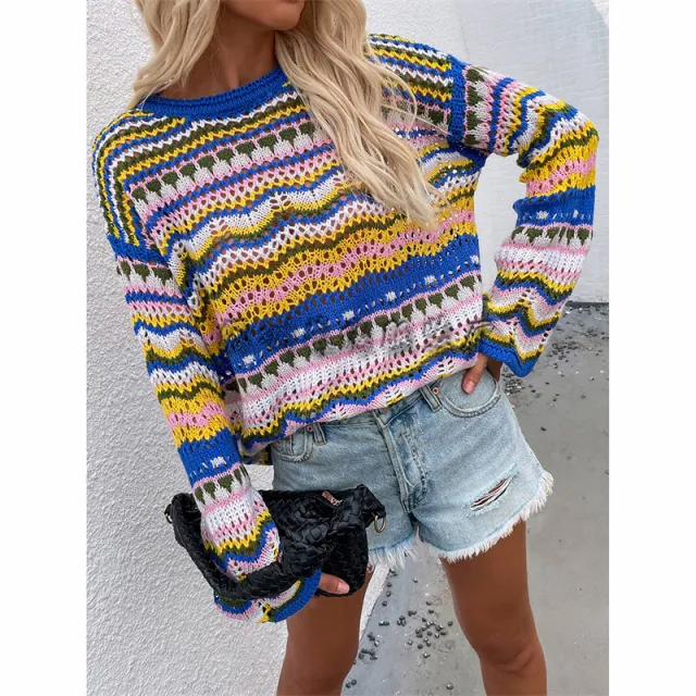 Stitching Sweater Loose Inter color Rainbow Round Neck Striped Women Blue - Shop at LoveMi