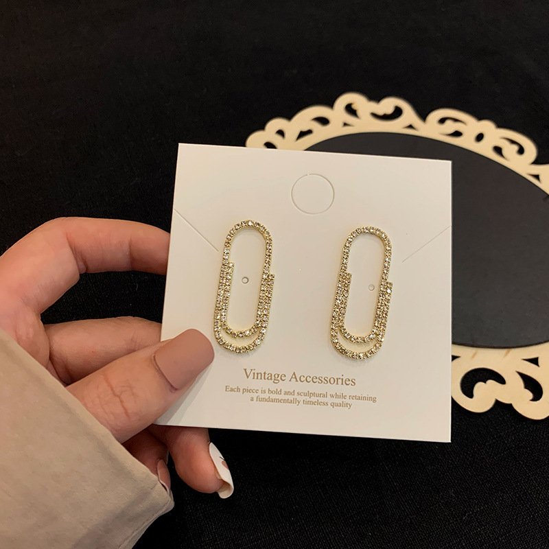 Silver Pin Stud Earrings With Paper Clips And Diamonds