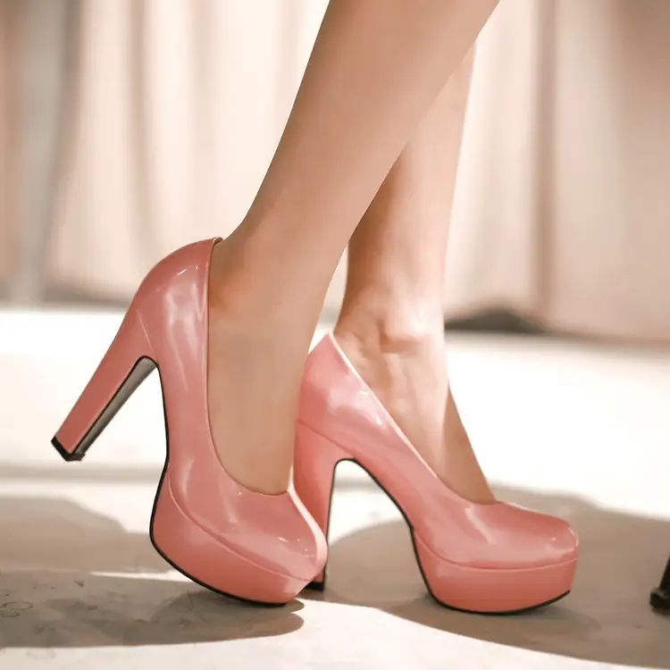 European And American Patent Leather Ladies High Heels Pumps Round Toe Water Platform Thick Heel Shoes