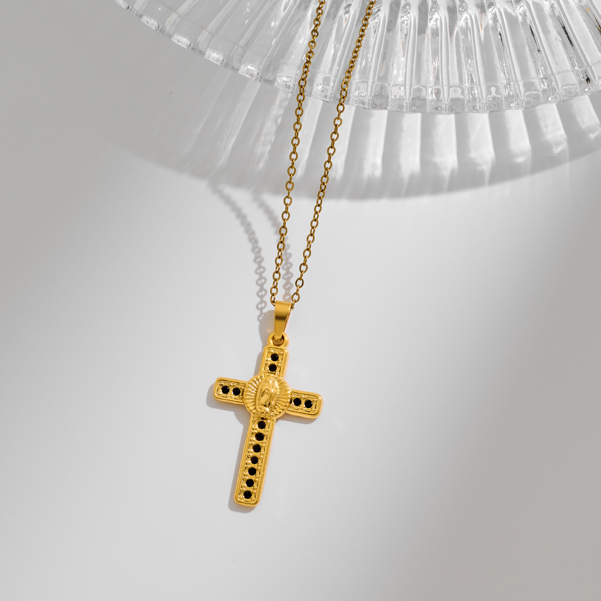 Stainless Steel Cross Pendant Necklace With Rhinestone Inlay