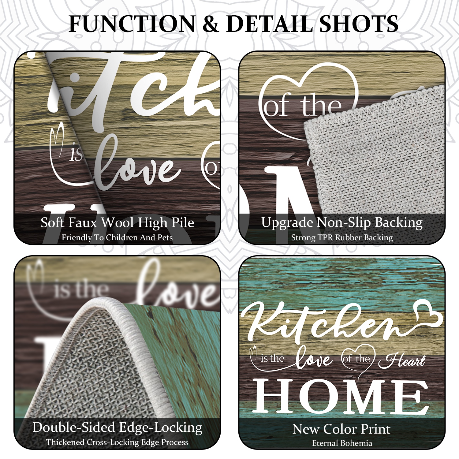 Boho Kitchen Rug Sets 3 Pieces, Washable Kitchen Mats For Floor, Non Slip Soft Kitchen Area Rug Floor Mat For Kitchen, Laundry Room And Hallway Teal, 20''X32'' 20''X48'' 20''X60'' 4