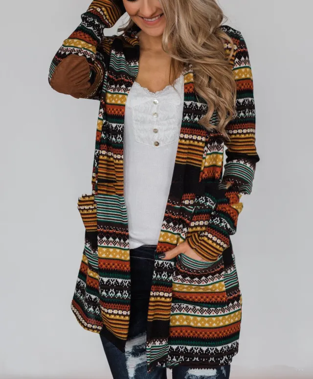 Women's Graphic Printed Pocket Patch Long Sleeve Cardigan Coat Mustard Yellow - Shop at LoveMi