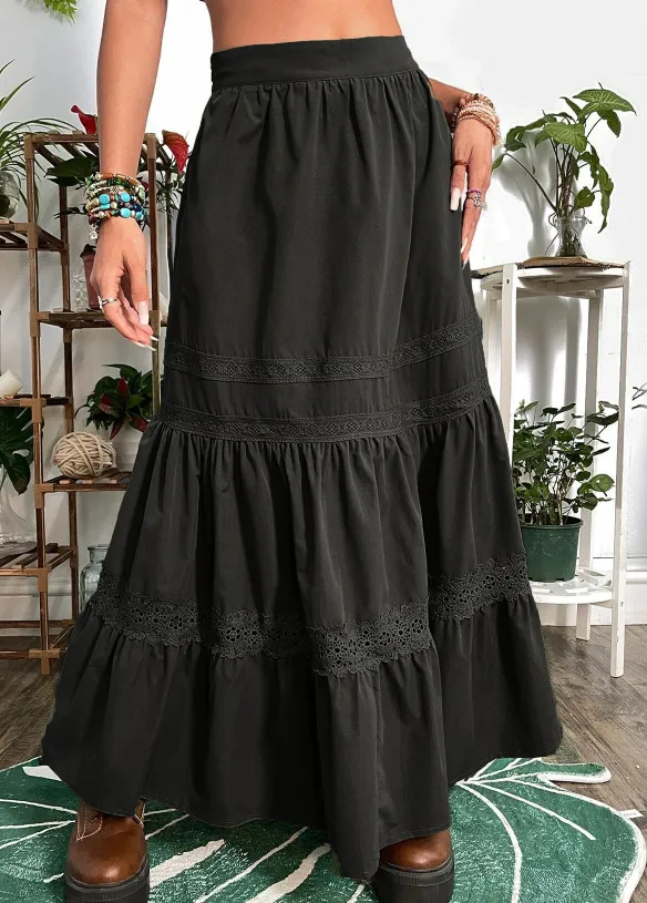 Women's Solid Color Vintage Lace Splicing Half body Skirt Black - Shop at LoveMi