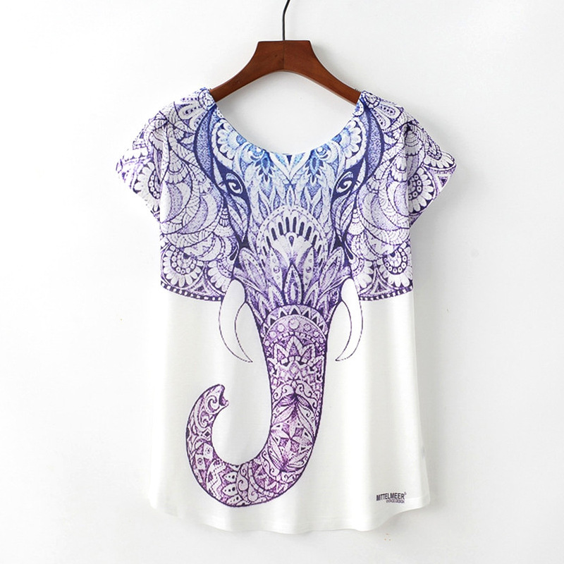 Title 3, Summer New Blue Pattern Elephant Round Neck Sho...