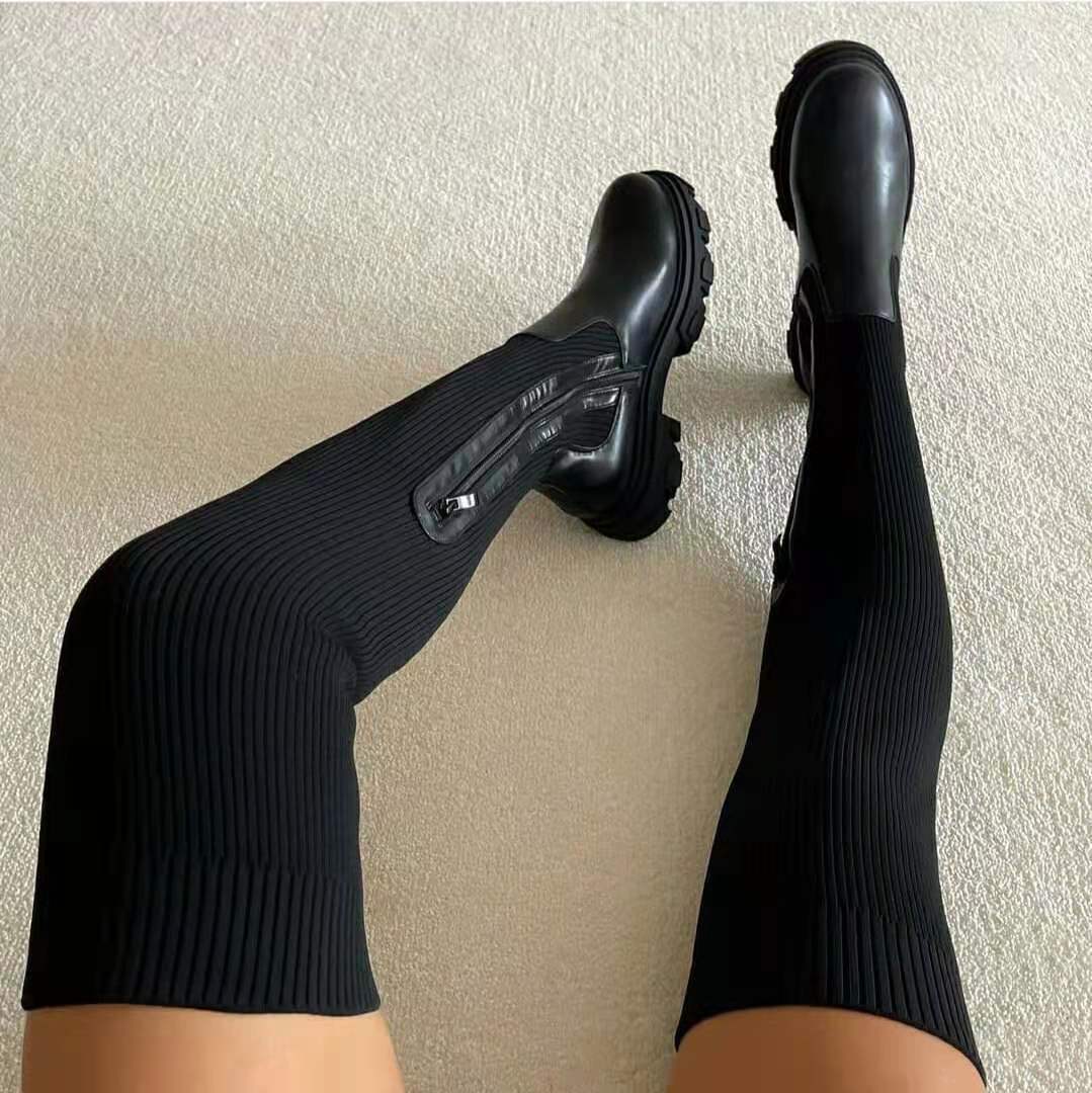 Over Knee Black Boots Side Zipper Fashion Platform Sock Shoes Black - Shop at LoveMi