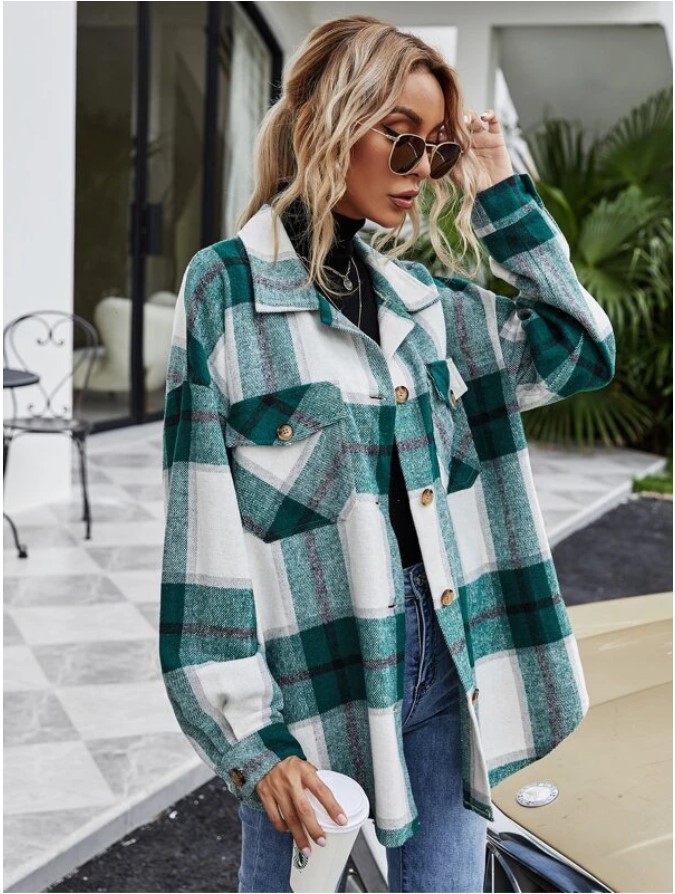 Loose Lapel Long Sleeved Plaid Shirt Jacket