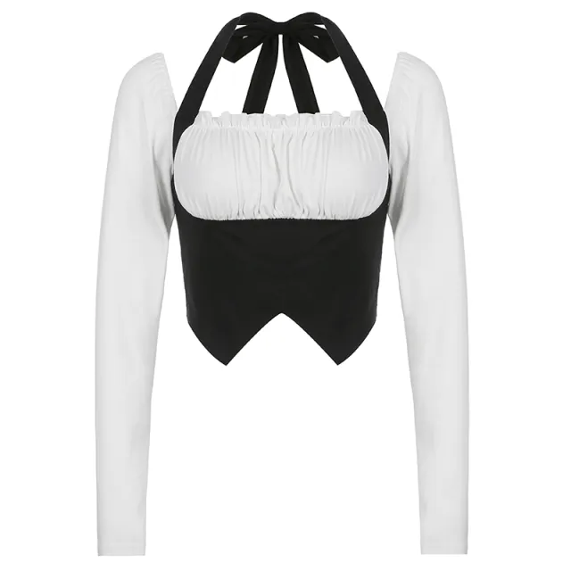 Black And White Fake Two piece Neck Panel Long Sleeve Black - Shop at LoveMi