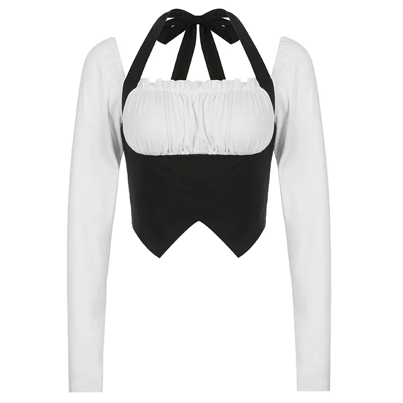 Black And White Fake Two-piece Neck Panel Long Sleeve - Black