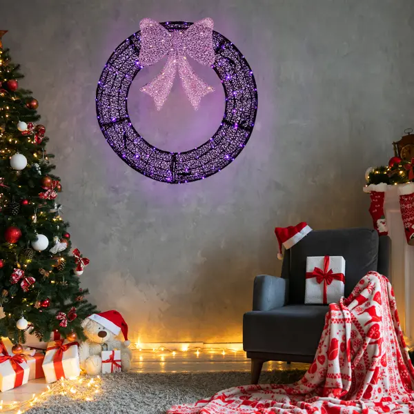 36in Pre-lit Outdoor Christmas Wreath Decoration, Lighted Metal Wreath With Purple Bow, Remote Control LED Lights With Timer, For Front Door Gate Wall Indoor Ou