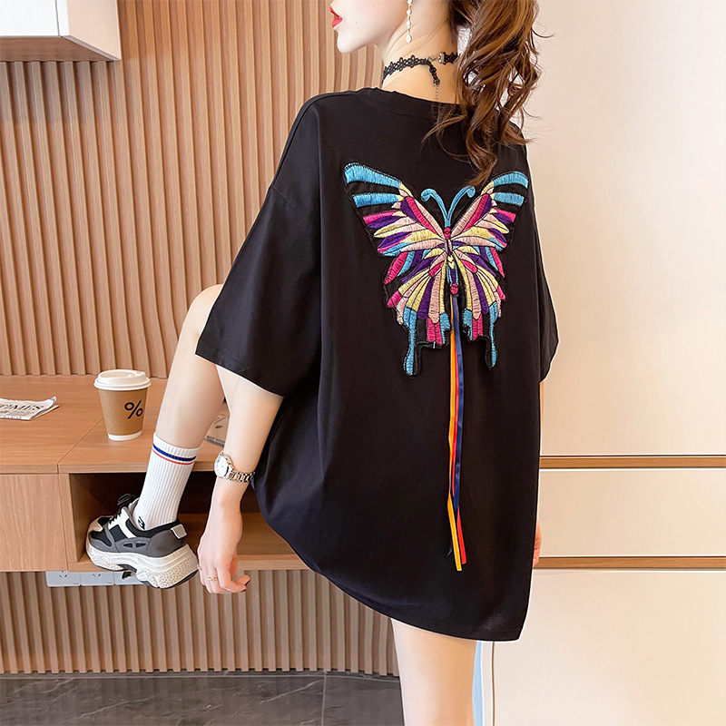Women's Summer Butterfly Embroidery Personality Short sleeved T shirt Black - Shop at LoveMi