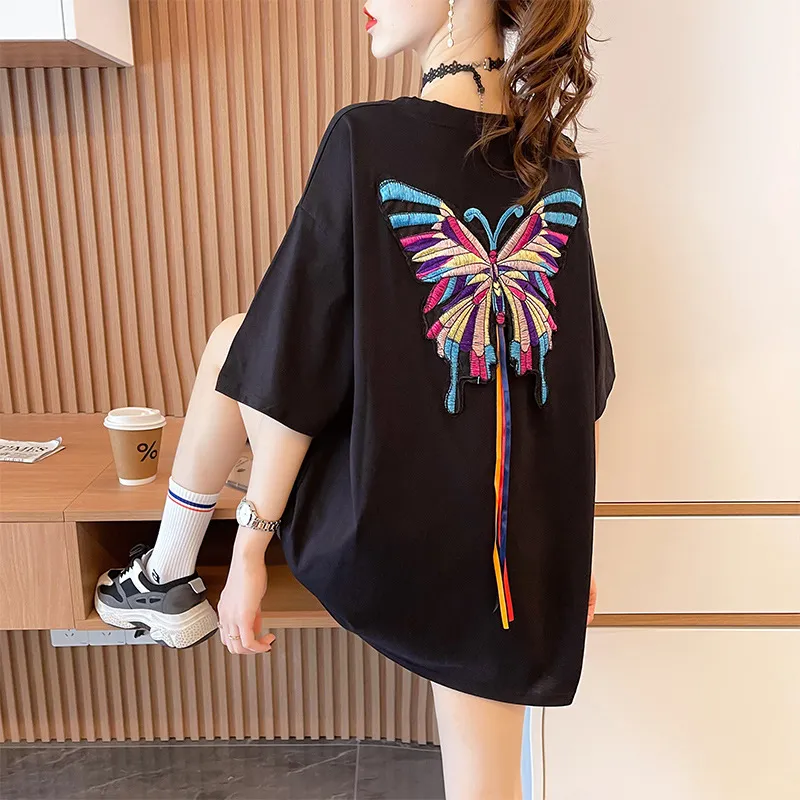 Women's Summer Butterfly Embroidery Personality Short-sleeved T-shirt - Black