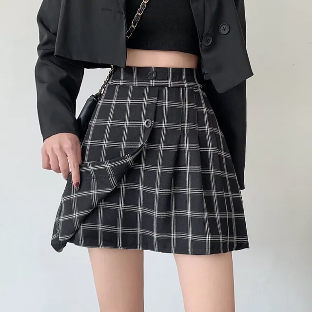 High Waist Slim Fashion Casual Plaid Pleated Skirt Black - Shop at LoveMi