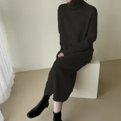 Loose High Neck Women Over The Knee Long Sweater Dress - Black - View 1