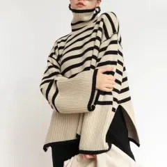 Fashion Striped Turtleneck Sweater Casual Loose Slit Design Sweater Winter Tops Womens Clothing - White - View 1