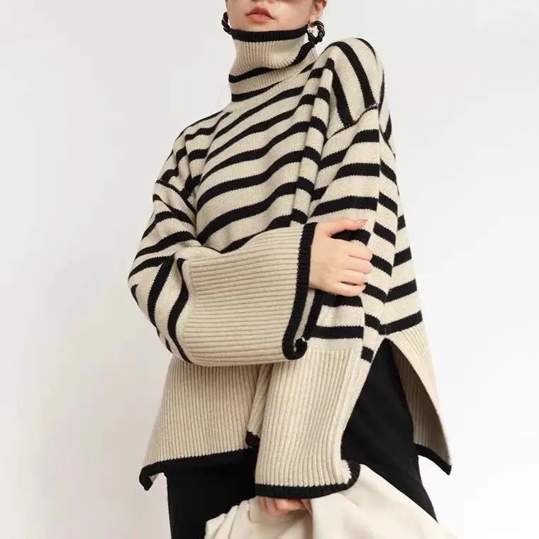 Fashion Striped Turtleneck Sweater Casual Loose Slit Design Sweater Winter Tops Womens Clothing - White