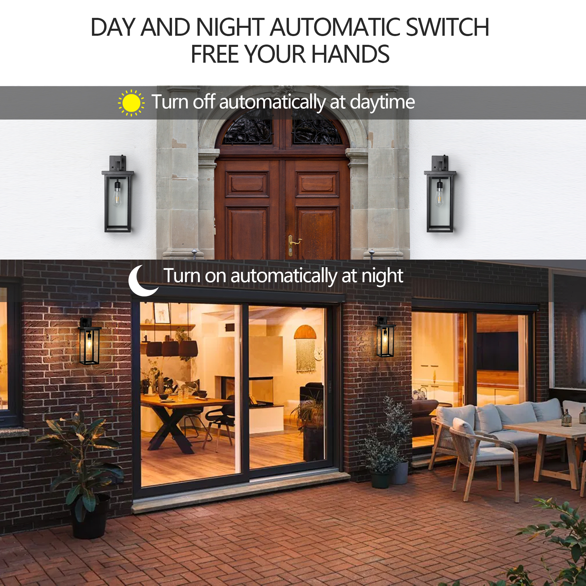 20  H  Set Of 2 Modern Outdoor Wall Lanterns With Black Metal Frame And Clear Glass, Ambient Light Sensors,Weatherproof Wall Sconces For Porch, Garage, Or Entryway Lighting, E26 Bulb Compatible