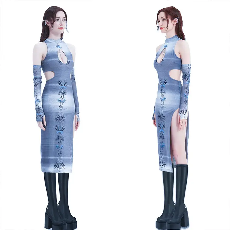 Fashion Printed Round Neck Hollowed Out Slim Fitting High Fork Dress For Women