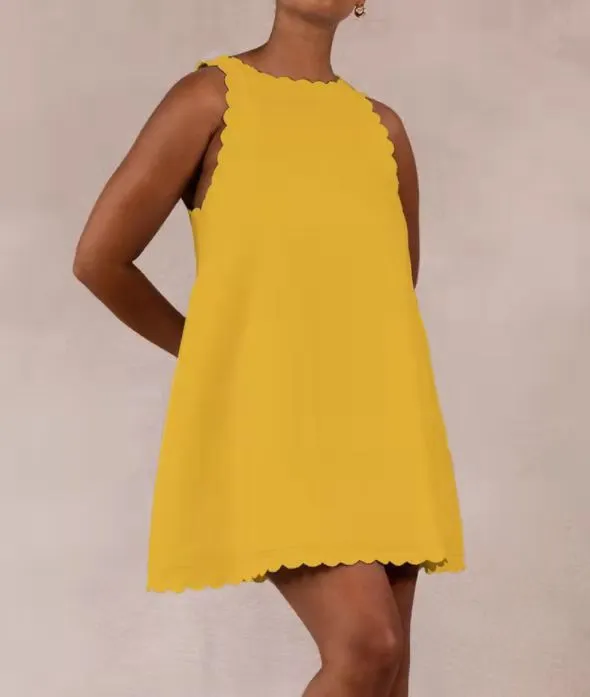 Cotton Hemp Solid Color Embroidered Ruffled Women's Dress Yellow - Shop at LoveMi