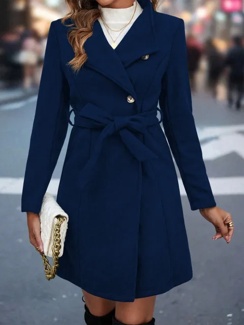 Ladies' Mid-length Solid Color Belt Coat, Casual Commuting