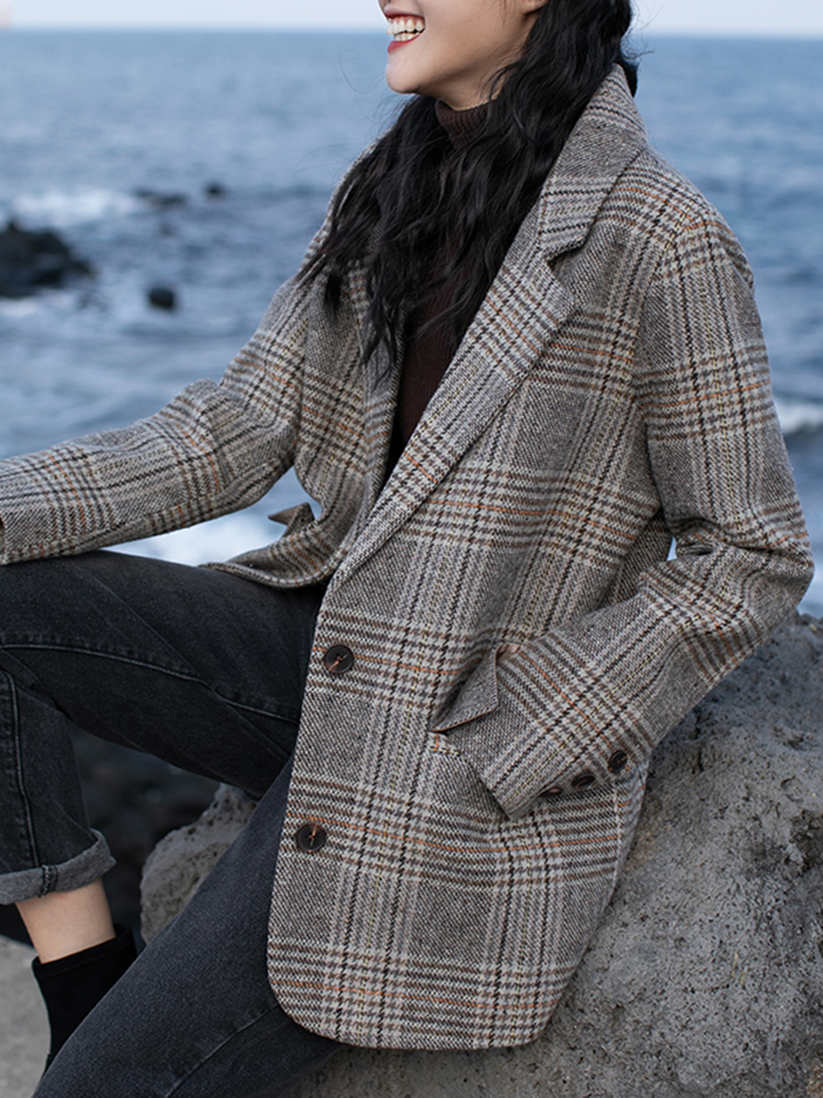 Retro Plaid Woolen Suit Jacket Women's Autumn And Winter Thick Warm Coat Short And Small