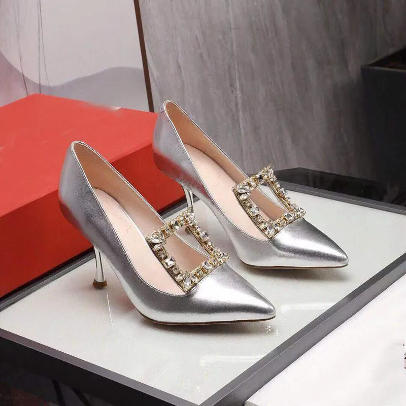 Women's Pointed Toe Square Buckle Rhinestone High Heels - Silver