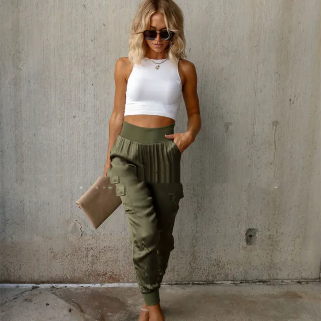 Autumn Satin Elastic Waist Pocket Fashion Women's Trousers Army Green - Shop at LoveMi