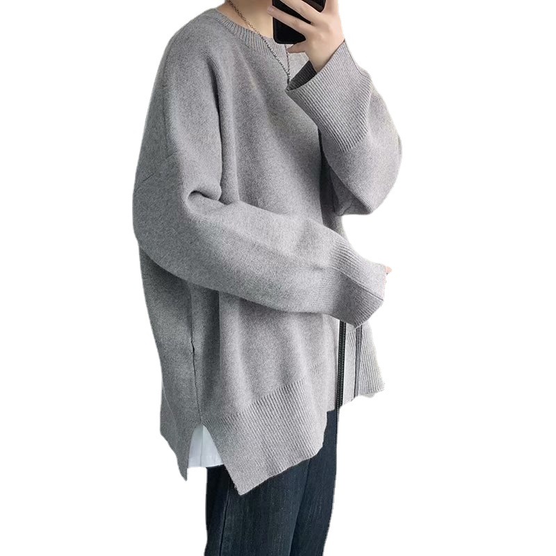Men's Crew Neck Sweater Solid Color Long Sleeve Outer Slit Knit Loose Bottoming Top