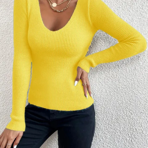 Winter Women's Casual Long Sleeved Knitting V neck Pullover Yellow - Shop at LoveMi
