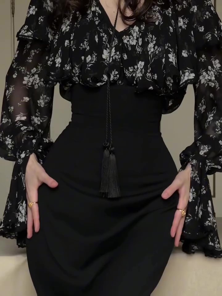 Black Floral Chiffon Overlay & Bodycon Midi Skirt 2-Piece Set With Tassel Belt