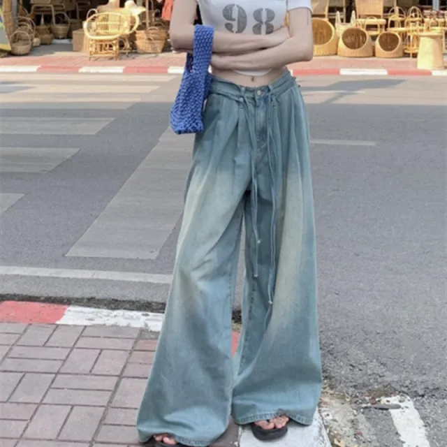 Women's Fashion Water Drawstring Loose Wide Leg Jeans Washed Blue - Shop at LoveMi