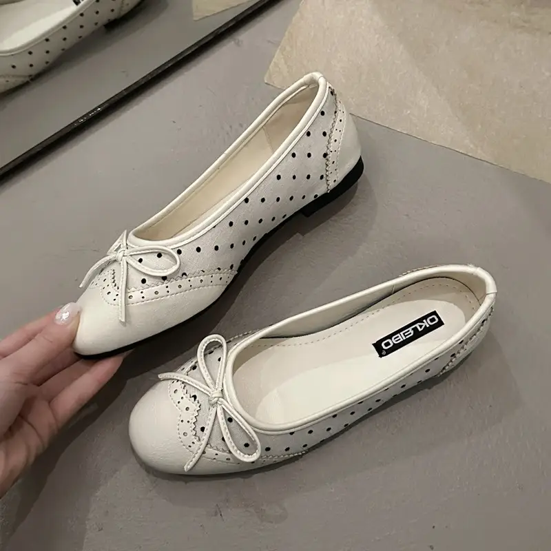 Women's Vintage Bow Round Toe Low-Cut Built-In Height Increasing Flats, Versatile Elegant Soft Sole Ballet Shoes
