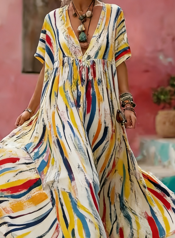 Women's Printed Elegant V Neck Long Dress Multicolor - Shop at LoveMi