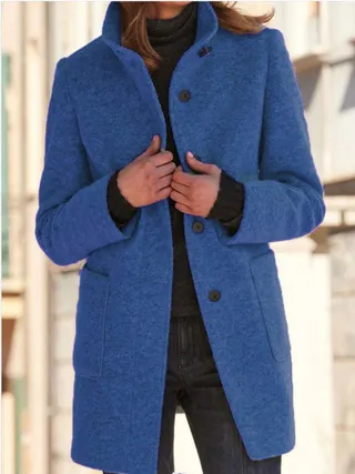 Women's New Vintage Solid Color Button up Stand up Collar Woolen Jacket Denim Blue - Shop at LoveMi