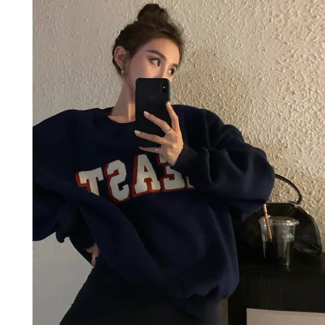 Loose Casual Women's Round Neck Pullover Sweater Navy Blue Plus Cashmere - Shop at LoveMi