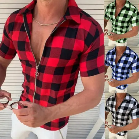 Plaid T Shirt Mens Zipper Short Sleeve Shirts Summer