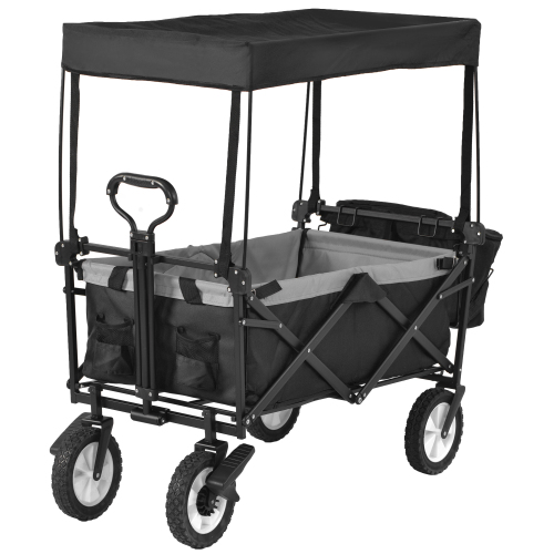 Garden Cart With Romovable Canopy, Foldable Trolley Wagon 4 Wheels Front Cup Holder Cooler Bag Push Pull Handle Hand Truck Black Black - Shop at LoveMi