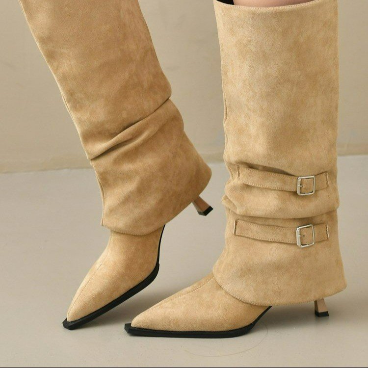 Women Suede Knee High Boots Double Metal Buckle Straps Slouch Ruched Shaft Convertible Fold Over Pointed Toe Thin Stiletto Heel Back Zipper Western Vintage Fall Winter Tall Long Boots