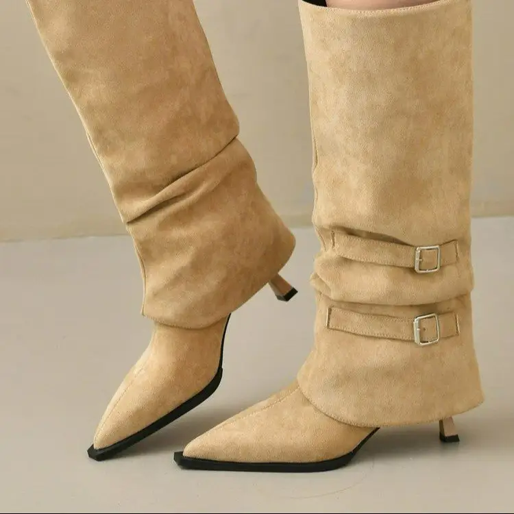 Women Suede Knee High Boots Double Metal