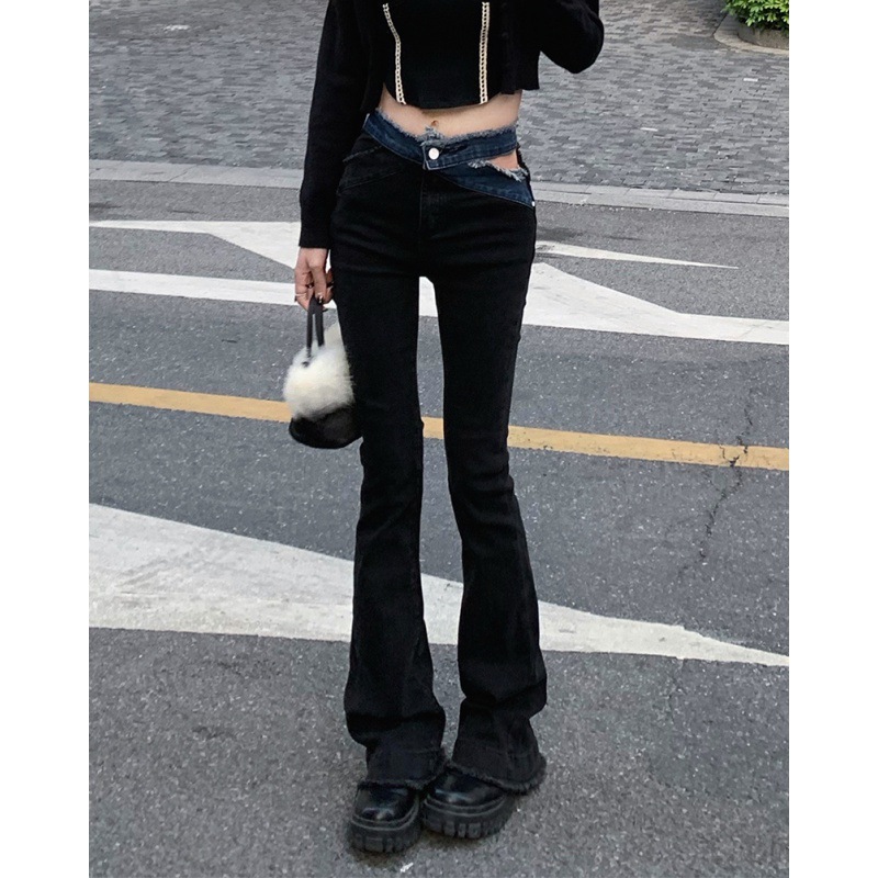 Women's Irregular Cutout Tie High Waist Jeans Black - Shop at LoveMi