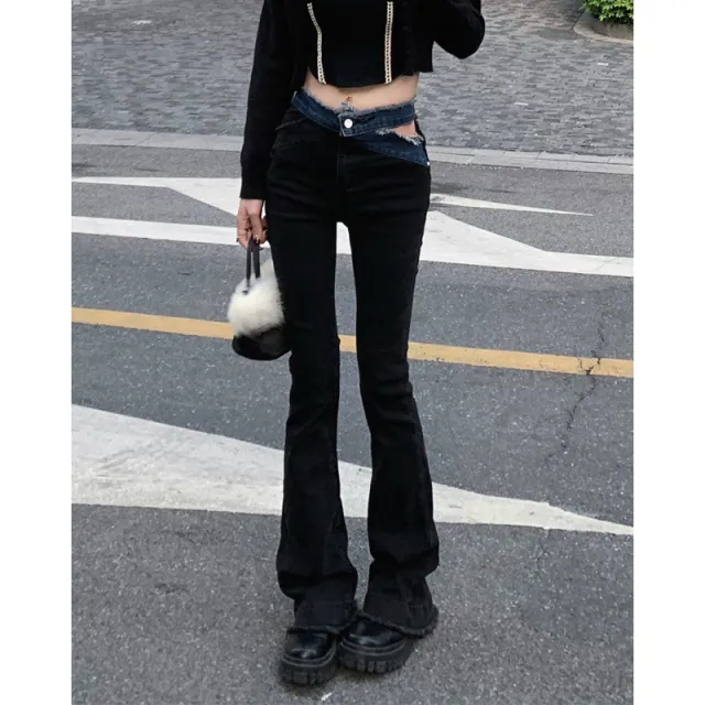 Women's Irregular Cutout Tie High Waist Jeans Black - Shop at LoveMi