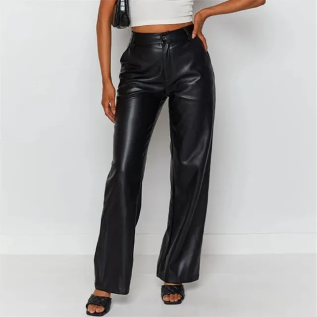 PU Trousers High Waist Loose Wide leg Leather Pants Casual Trousers Black - Shop at LoveMi