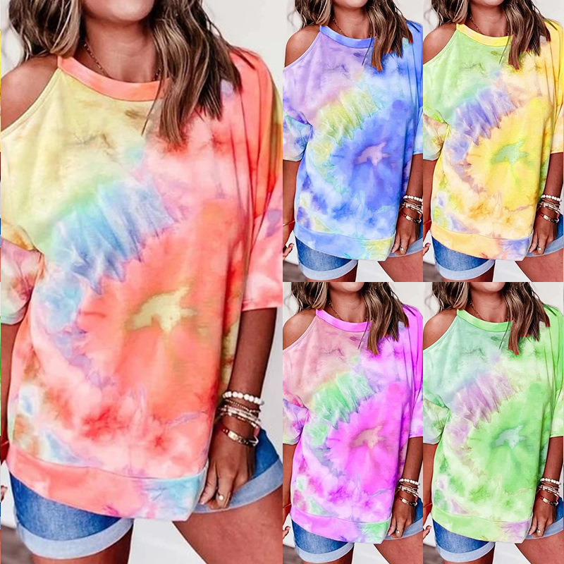 Off-The-Shoulder Short-Sleeved Tie-Dye Printed T-Shirt Top