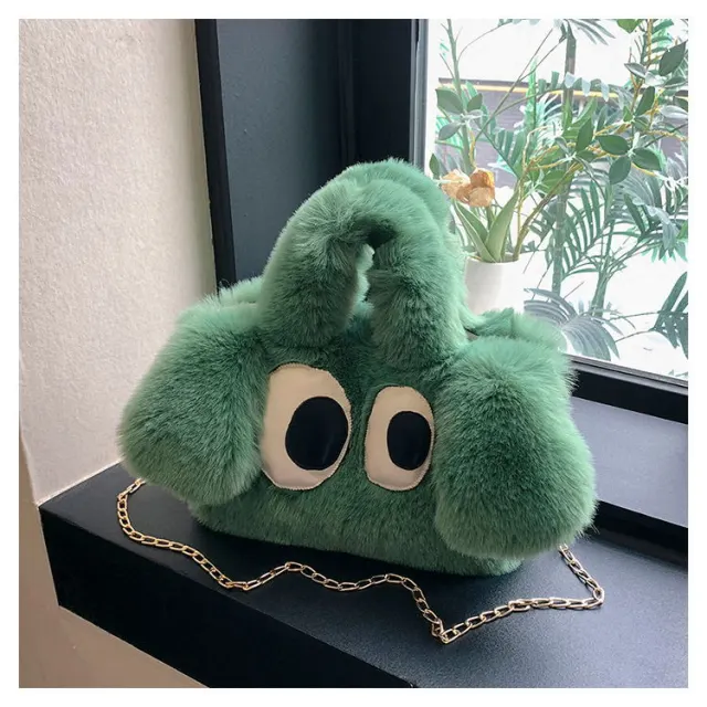 Cute Cartoon Big Eyes Dog Plush Bags For Women Winter Fashion Chains Handbags Designer Personalized Shoulder Crossbody Bag Green - Shop at LoveMi