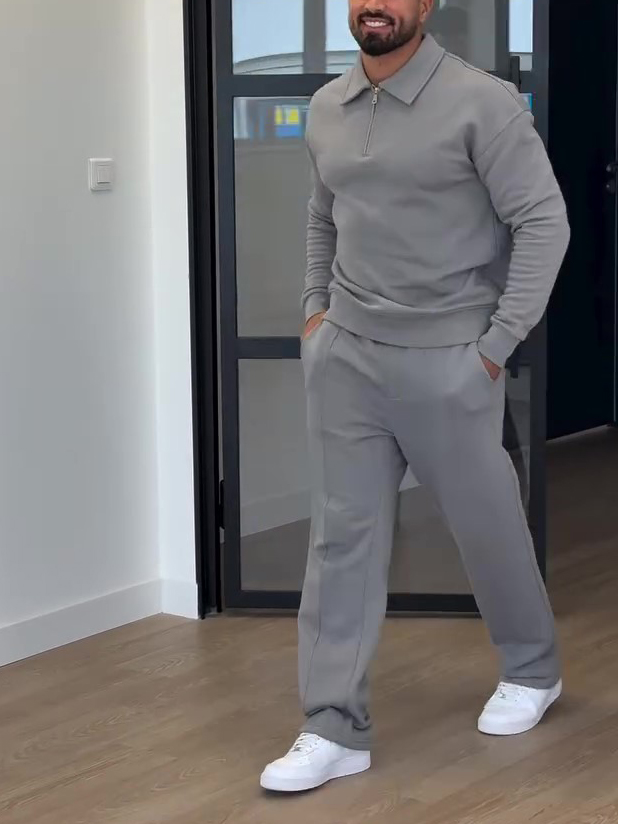 Half-Zip Polo Neck Sweatshirt & Slim Flare Pants Set