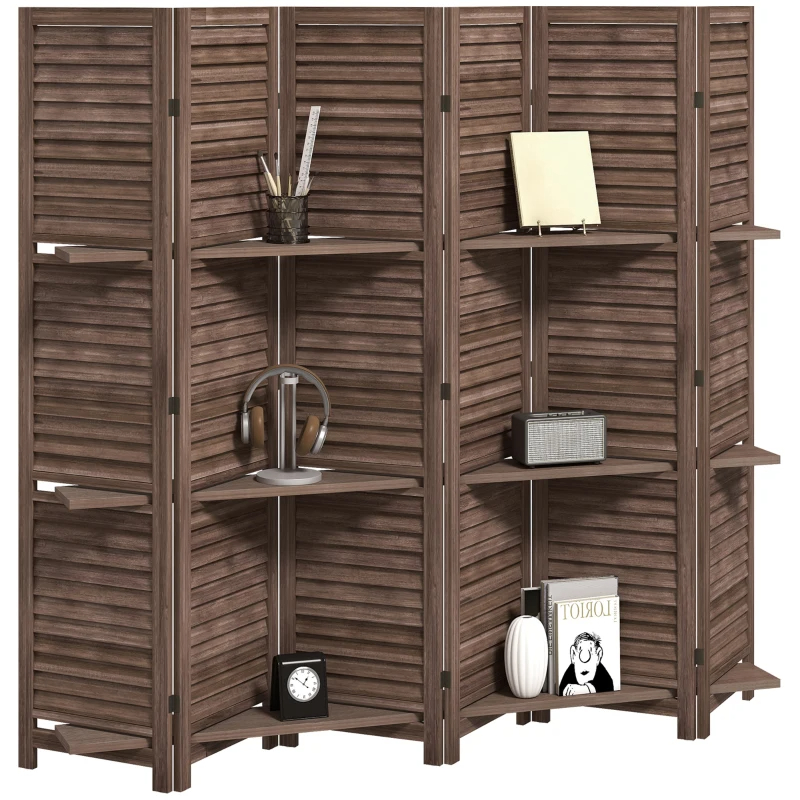 6 Panel Tall Wood Privacy Screen Room Divider With 3 Shelves And Folding Storage For Bedroom, Walnut