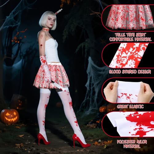 16 Pcs Halloween Tutu Skirt Costume Accessories Set, Halloween Party Accessories For Woman Include Tutu Skirt Stocking Gloves Syringe Headband Blood Necklace Tattoo Sticker