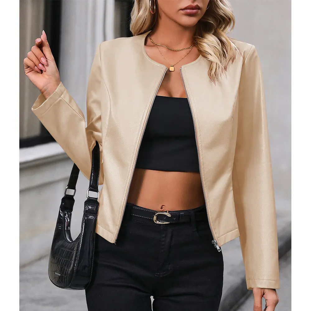 Casual Long-sleeve Solid Color Jacket Motorcycle Leather Coat Tops